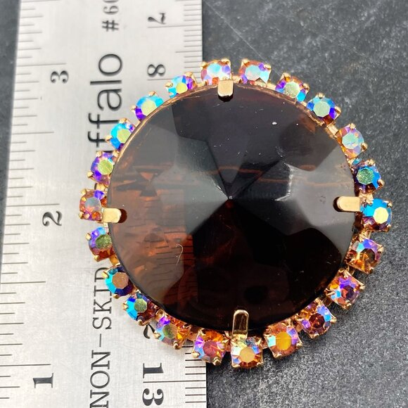 VINTAGE Big rhinestone and brown glass stone brooch ~ 1950s 1960s statement pin - Picture 2 of 9